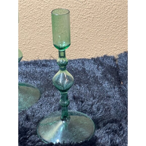 Poketo Glass Candlesticks Holder Green Set Of 2 With Elegant Design 8" - Picture 2 of 8
